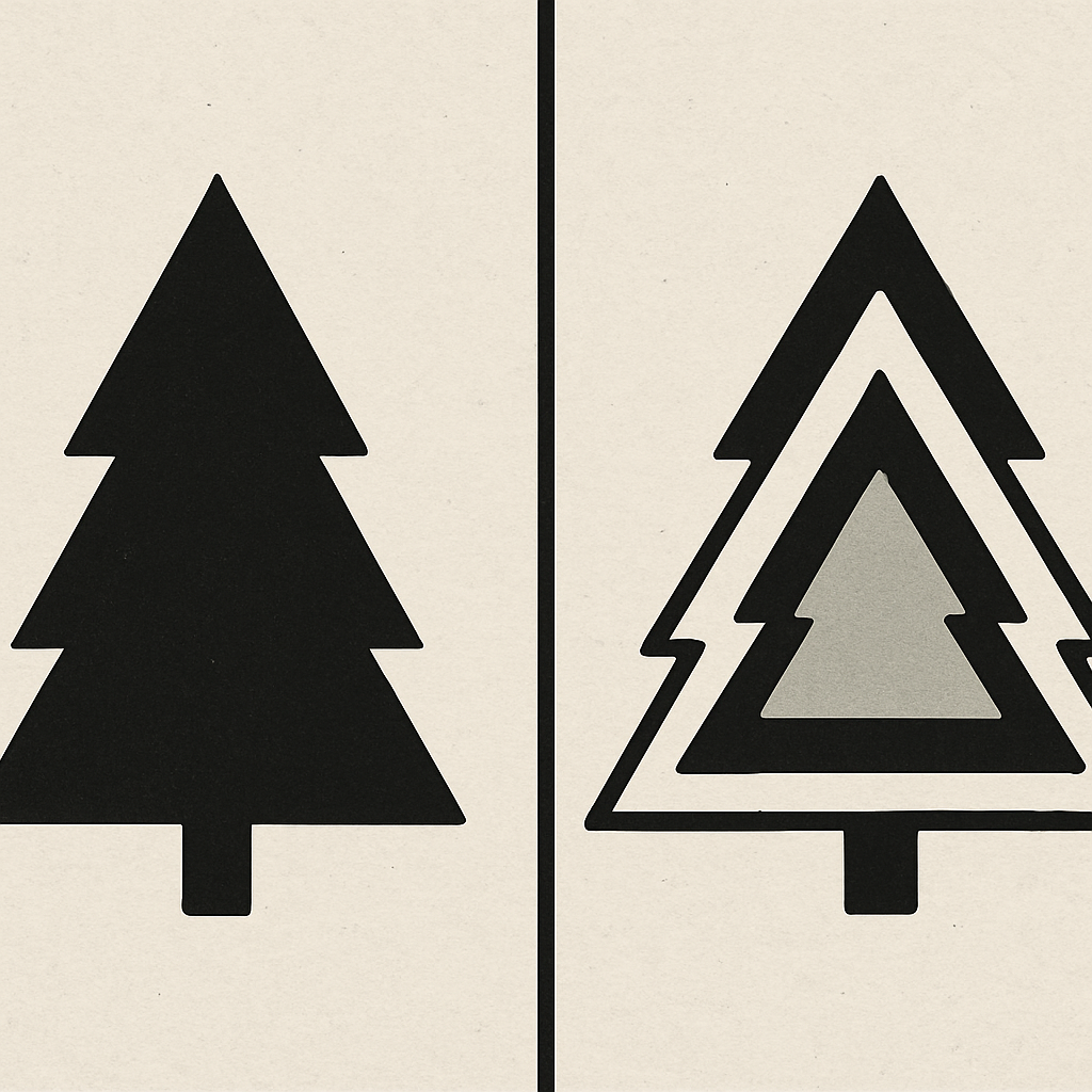 A split-screen illustration showing a 'Triangle/Christmas Tree' silhouette on one side and a balanced, internally-layered silhouette on the other.