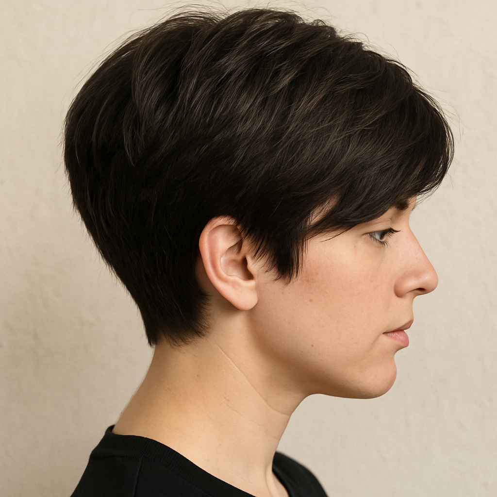A side view of a modern pixie cut on thick hair, showing a slight undercut at the nape to keep the hair flat.