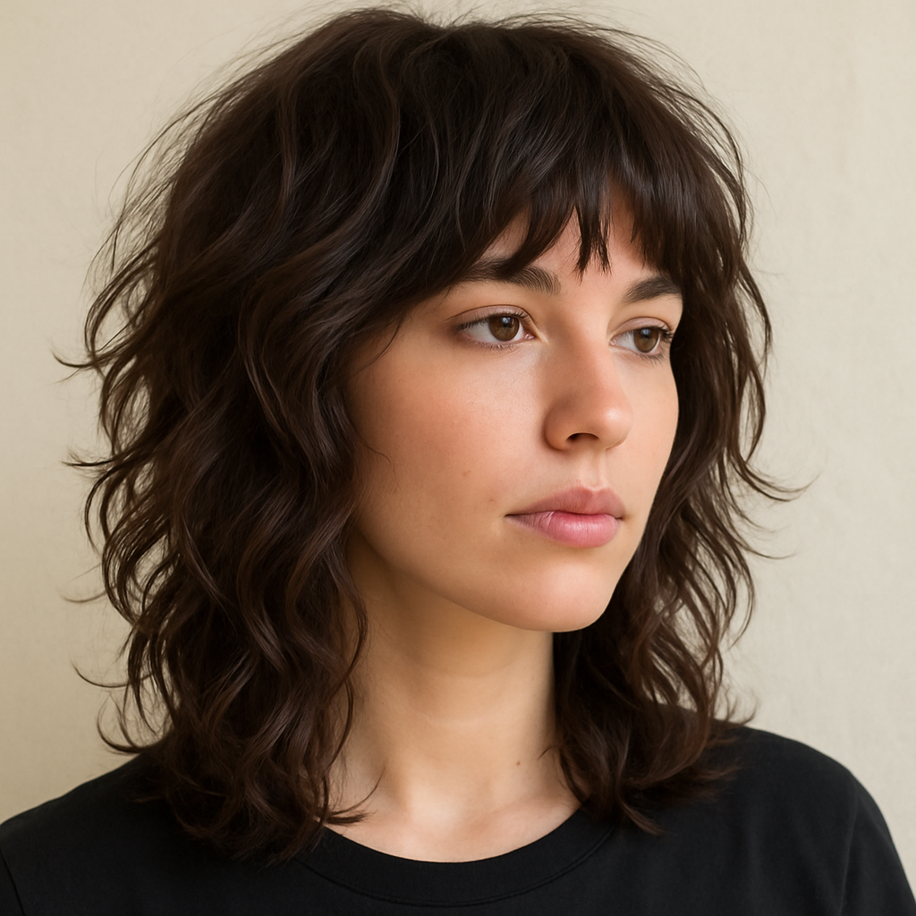 A photo of a modern shag haircut with wavy, thick hair showing movement and texture.